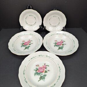 Gibson Designs Victorian Rose Replacement 3 Soup Bowls Gold Trim and 2 Saucers